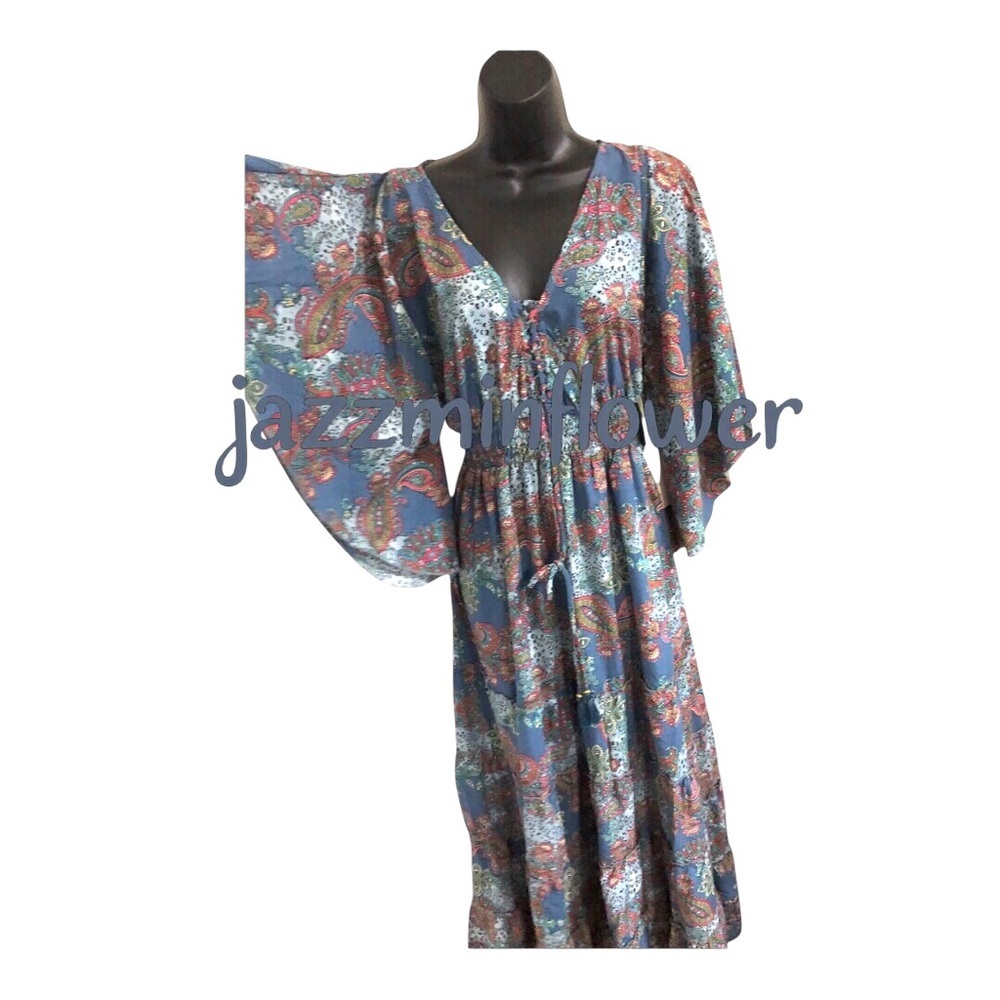 Anthropologie Boemo blue paisley style batwing sleeve boho maxi dress size M new